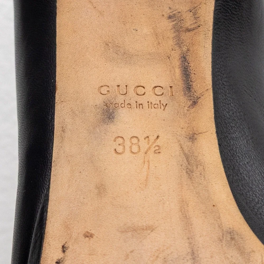 Gucci Black Leather Horsebit Peep Toe Platform Pumps Stiletto Heels EU 38.5 US 8